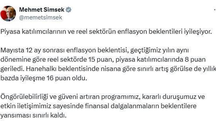 Bakan Şimşek: Reel sektörün enflasyon beklentileri iyileşiyor
