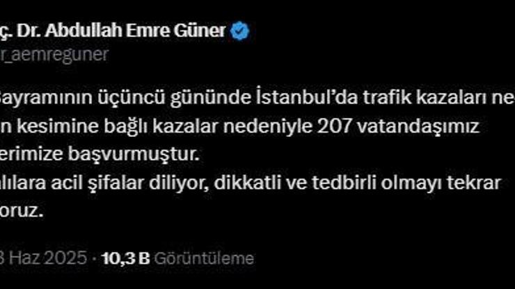 İstanbul - İstanbul İl Sağlık Müdürü Güner: Kurban kesimine bağlı kazalar nedeniyle 207 vatandaşımız hastanelerimize başvurmuştur.