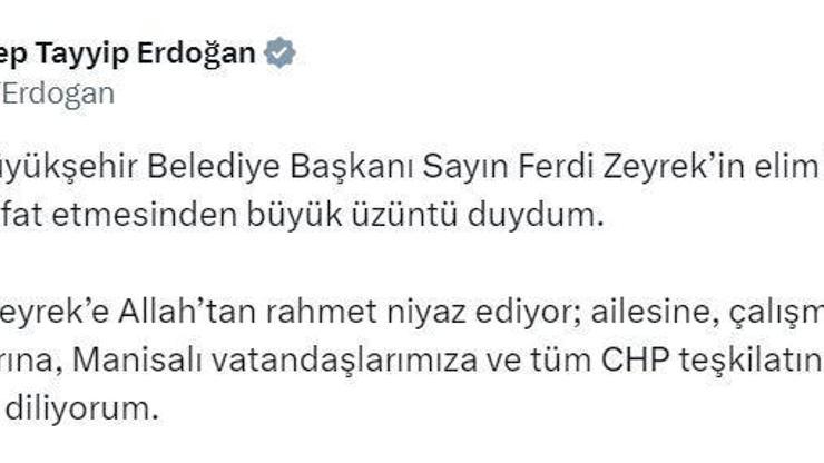 Erdoğandan Zeyrek İçin Taziye Mesajı