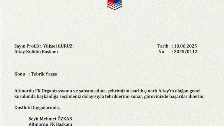 Altınordu Başkanı Özkandan Altay Başkanı Gürüze tebrik mesajı