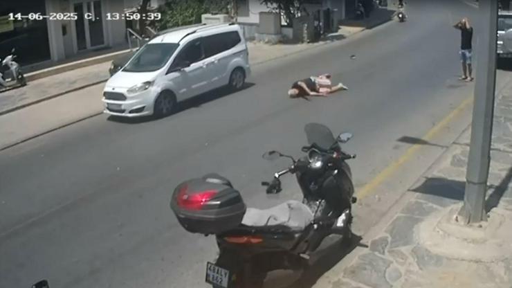 Bodrumda hafif ticari aracın çarptığı yaya yaralandı; kaza kamerada