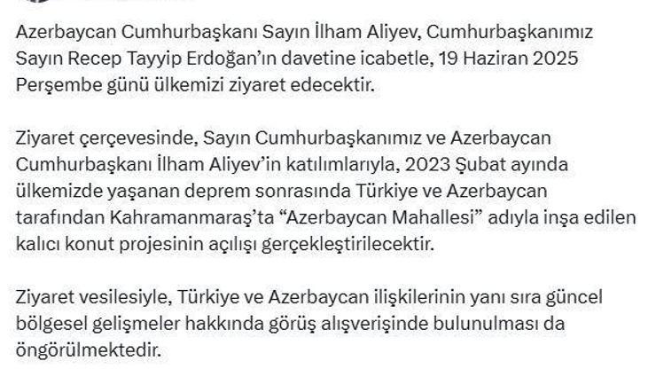 Azerbaycan Cumhurbaşkanı Aliyev, Türkiyeye geliyor