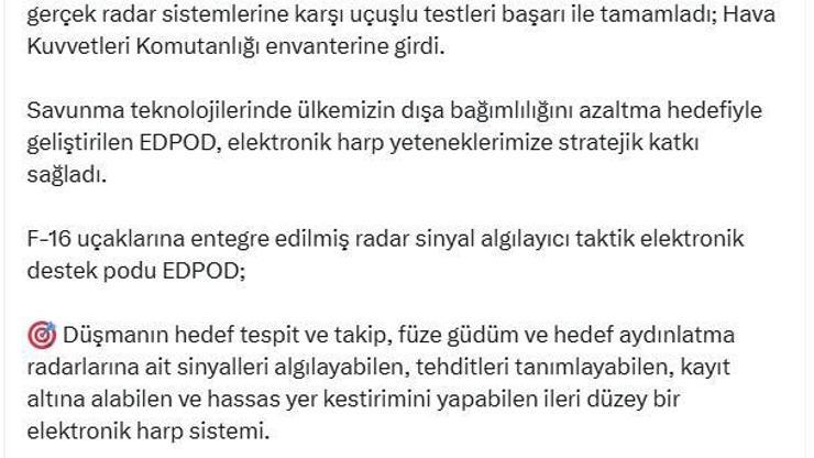 Bakan Kacır: EDPOD, Hava Kuvvetleri envanterine girdi