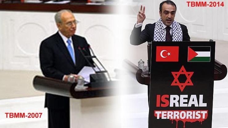TBMM kürsüsüne Terörist İsrail yazılı pankart astı