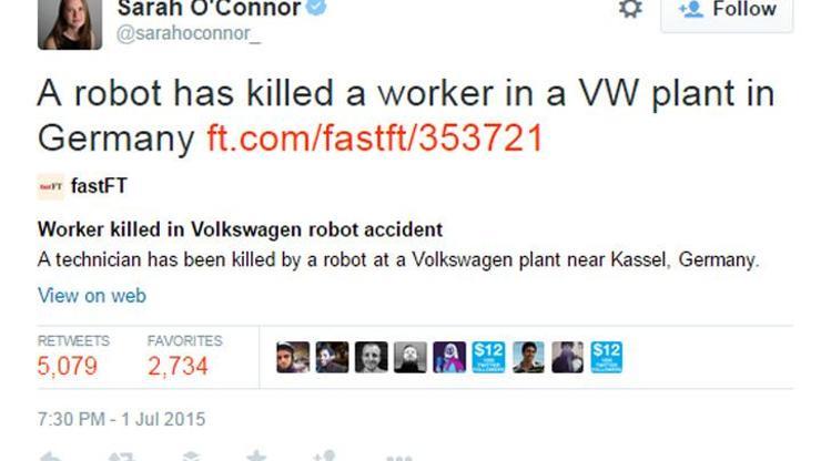 Sarah Connor bir adamın robot tarafından öldürüldüğünü tweetledi