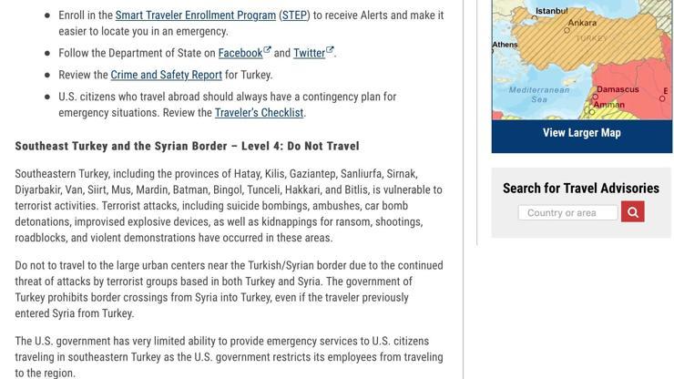 ABDden Türkiyeye seyahat uyarısı: Bazı bölgelerde riskler arttı