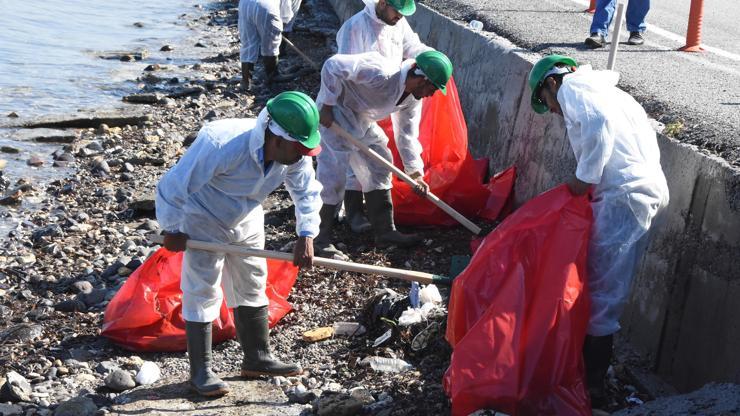 Foçada kıyılara bulaşan petrol atığını 50 kişilik ekip temizliyor