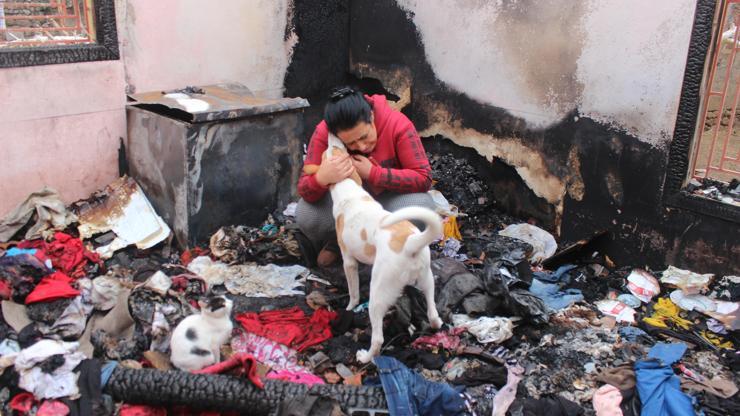 Alevler evini küle çevirdi 15 kedi ve 2 köpeğiyle evsiz kaldı