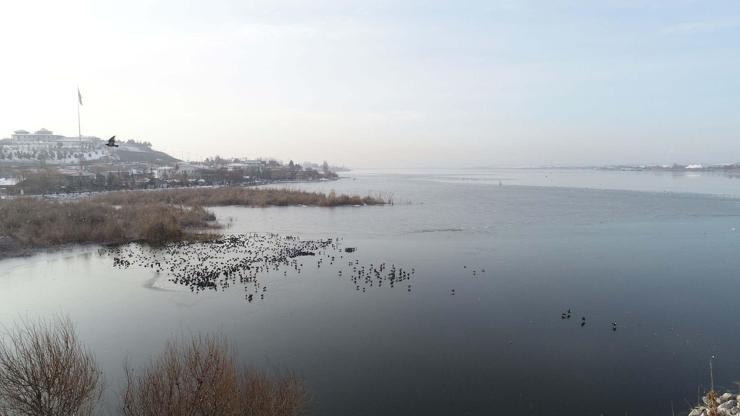 Ankarada Mogan Gölü kısmen buz tuttu