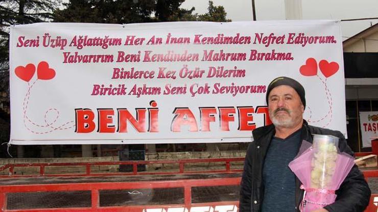 Beni Affet pankartı açtı, eşi polise şikayet etti