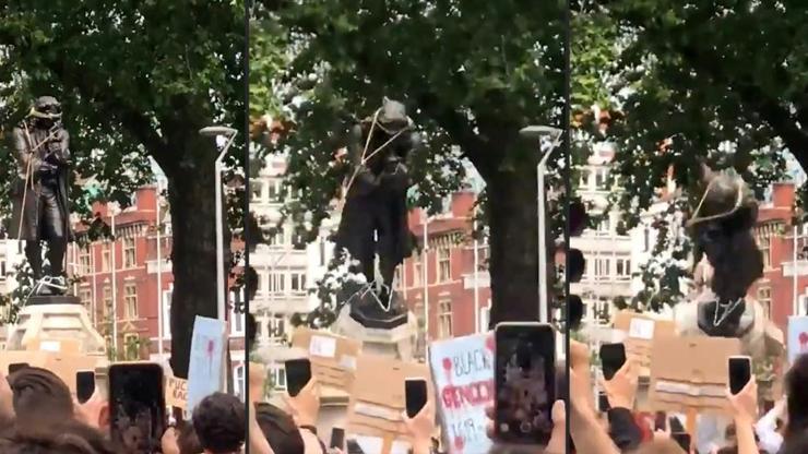 İngilterede göstericiler, köle taciri Edward Colstonın heykelini yıktı