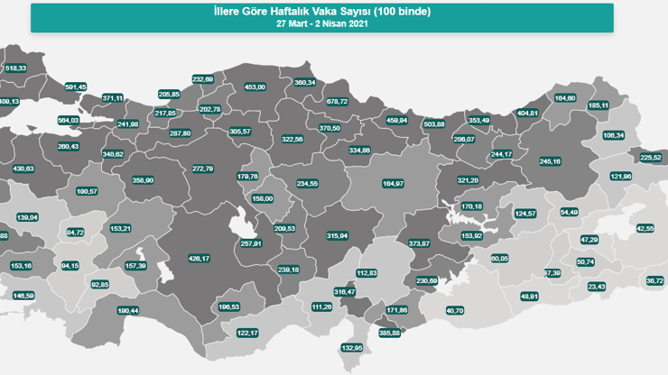 İllere göre haftalık vaka haritası güncellendi Türkiye il il koronavirüs risk haritasına göre en yüksek riskli iller 5 Nisan 2021