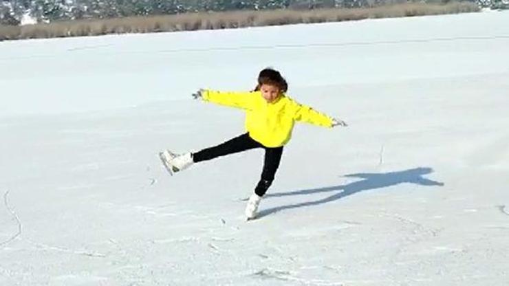 6 yaşındaki Umaydan buz tutan Eymir Gölünde paten şovu