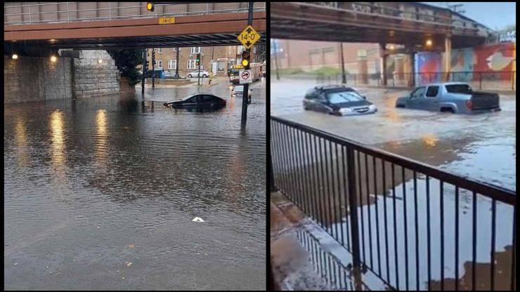 Rüzgârlı şehir Chicagoda şiddetli yağış: Rögar patladı, caddeler sular altında kaldı
