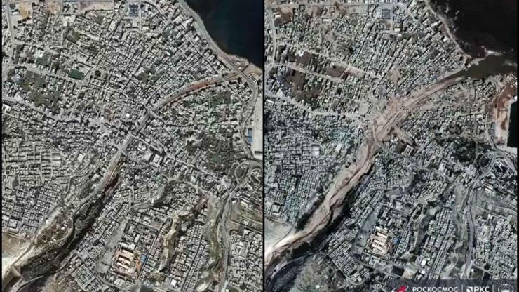 Sel felaketi öncesi ve sonrası: Dernedeki yıkımın boyutu uydu görüntülerinde