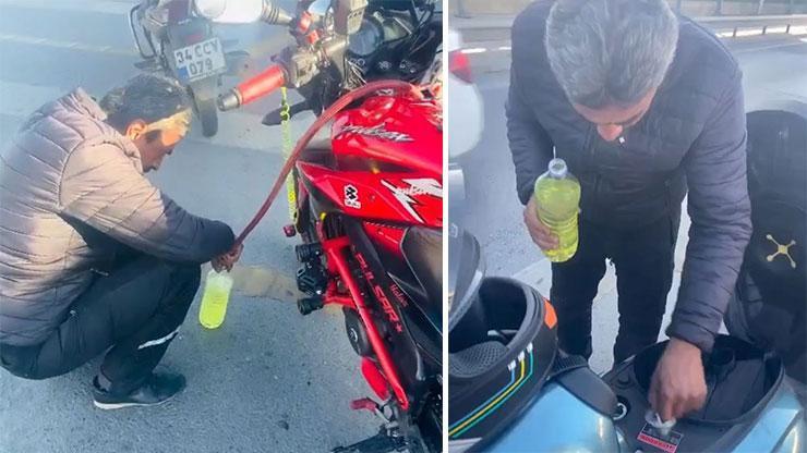İstanbul'da E-5'te akılalmaz olay! Yolda kalma numarasıyla litre litre benzin topladı