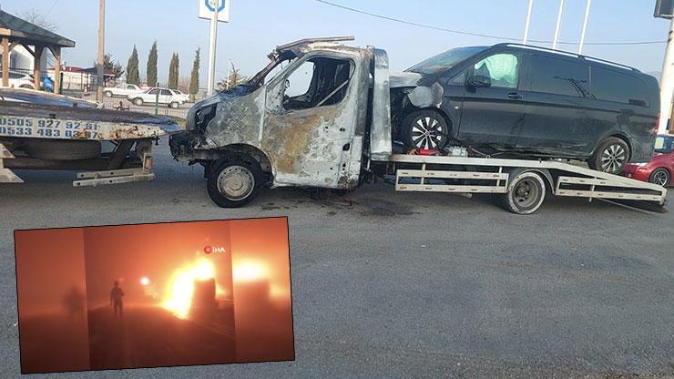 Mustafa Destici’nin kaza yapan makam aracını taşıyan çekici böyle alev aldı