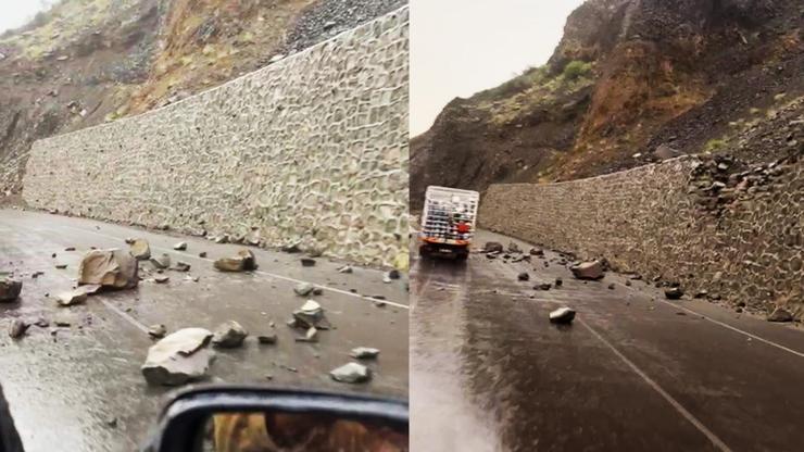 Sürücüler zor anlar yaşadı... Yola kayalar düştü