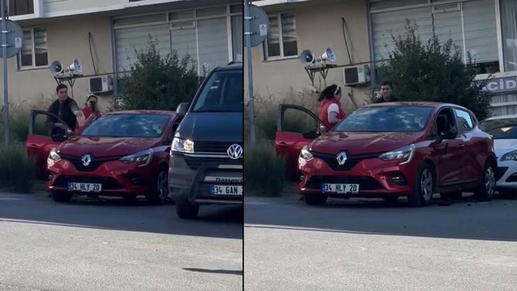 Görenler şaşkına döndü Elindeki satırla defalarca otomobile vurdu