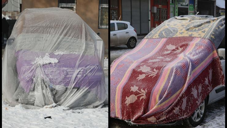 Sıfırın altında 18 dereceye düştü Nehir ve dereler buzla kaplandı: Araçlar için battaniyeli koruma...