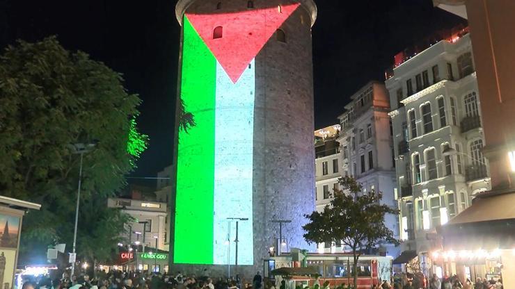 Galata Kulesi’ne Filistin Bayrağı yansıtıldı