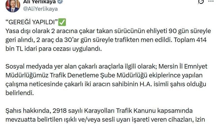 Mersin'de yasa dışı çakar kullanan sürücüye 414 bin TL ceza Mersin'de yasa dışı çakar kullanan sürücüye 414 bin TL ceza