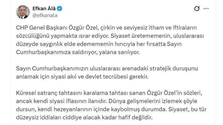 AK Parti'li Ala: Özgür Özel'in sözleri, kendi siyasi iflasının ilanıdır AK Parti'li Ala: Özgür Özel'in sözleri, kendi siyasi iflasının ilanıdır