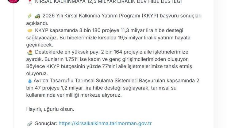 Kırsal kalkınmaya 12,5 milyar liralık hibe desteği