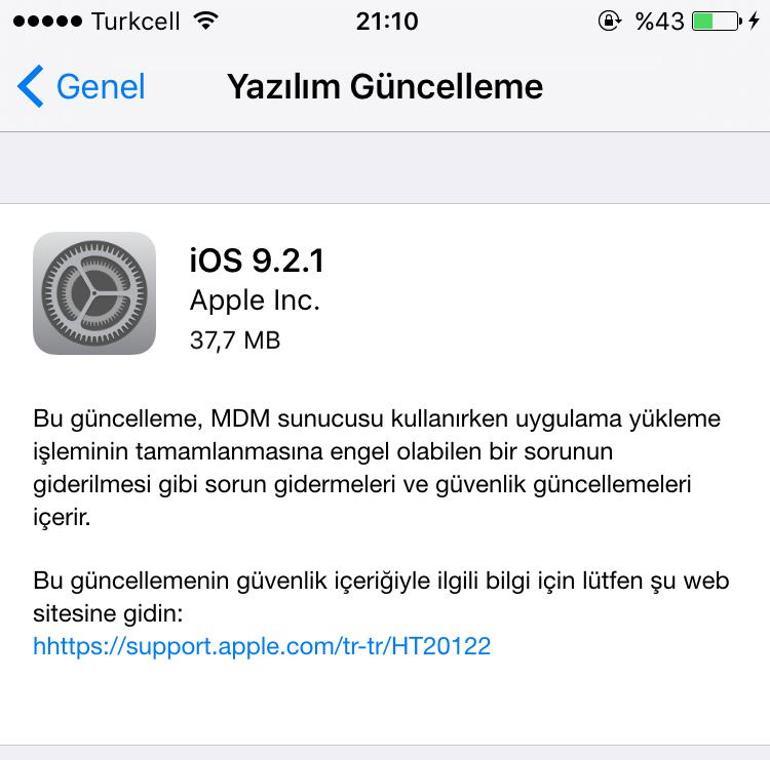 iOS 9.2.1 güncellemesi çıktı