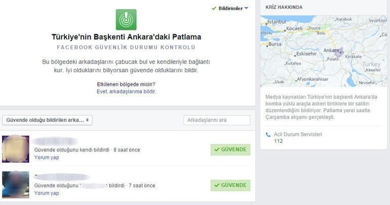 Facebooktan Ankara için güvendeyim uygulaması