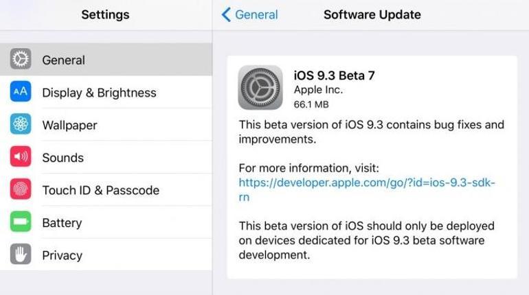 iOS 9.3 Beta 7 geliştiriciler için çıktı