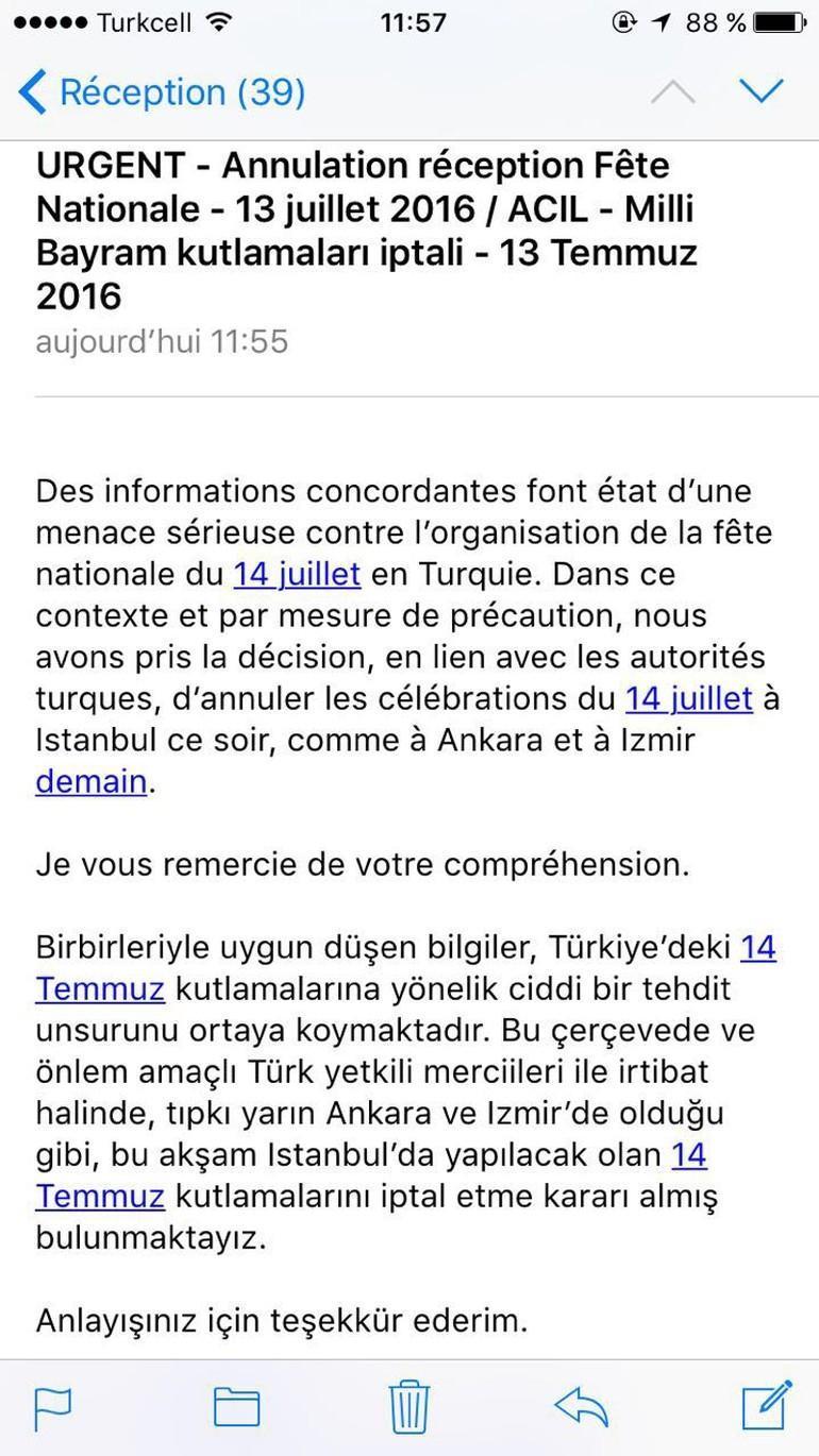 Fransa güvenlik nedeniyle Türkiyedeki resepsiyonlarını iptal etti