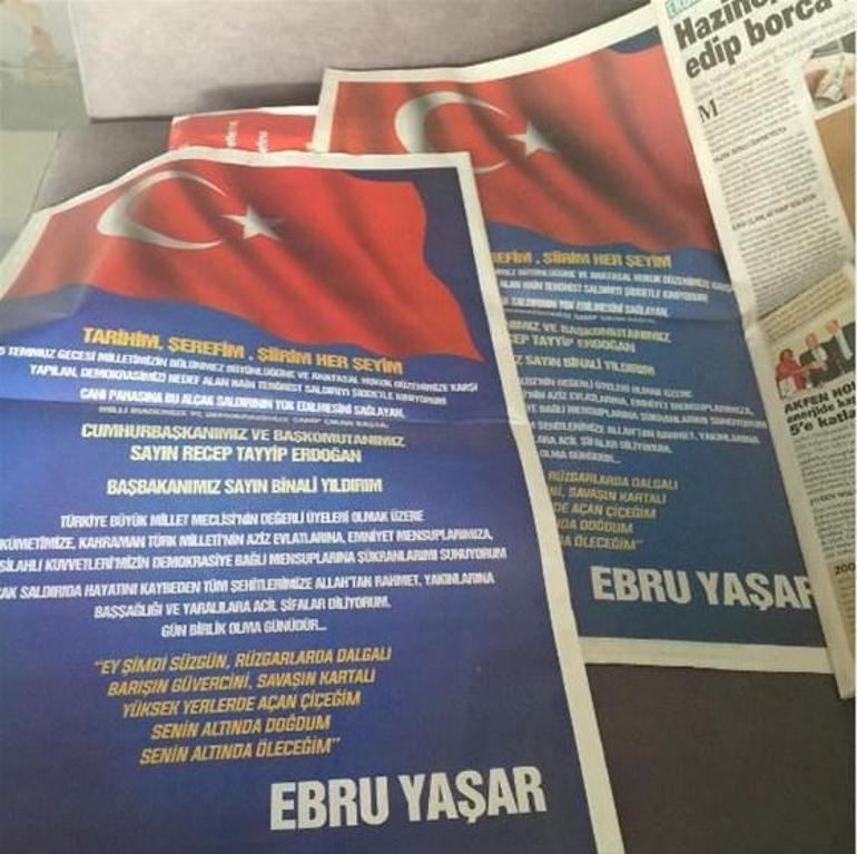 Ebru Yaşardan gazetelere tam sayfa ilan