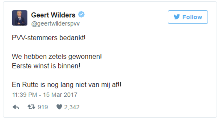 Wilders, ilk sonuçların ardından mesaj yayınladı