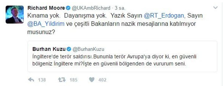 İngiltere Büyükelçisinden Burhan Kuzunun Londra tweetine tepki