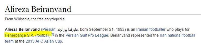 Wikipediaya göre Alireza Beiranvand Fenerbahçenin kalecisi