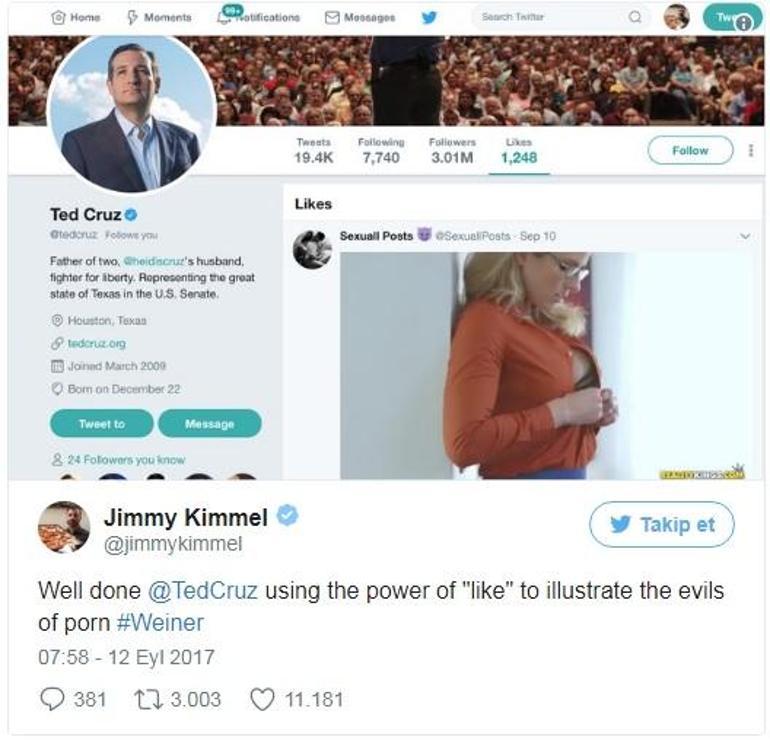 Cumhuriyetçi Cruz Twitterda porno beğendi