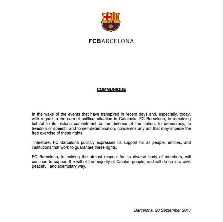 Barcelona kulübünden Katalonyadaki tutuklamalara tepki
