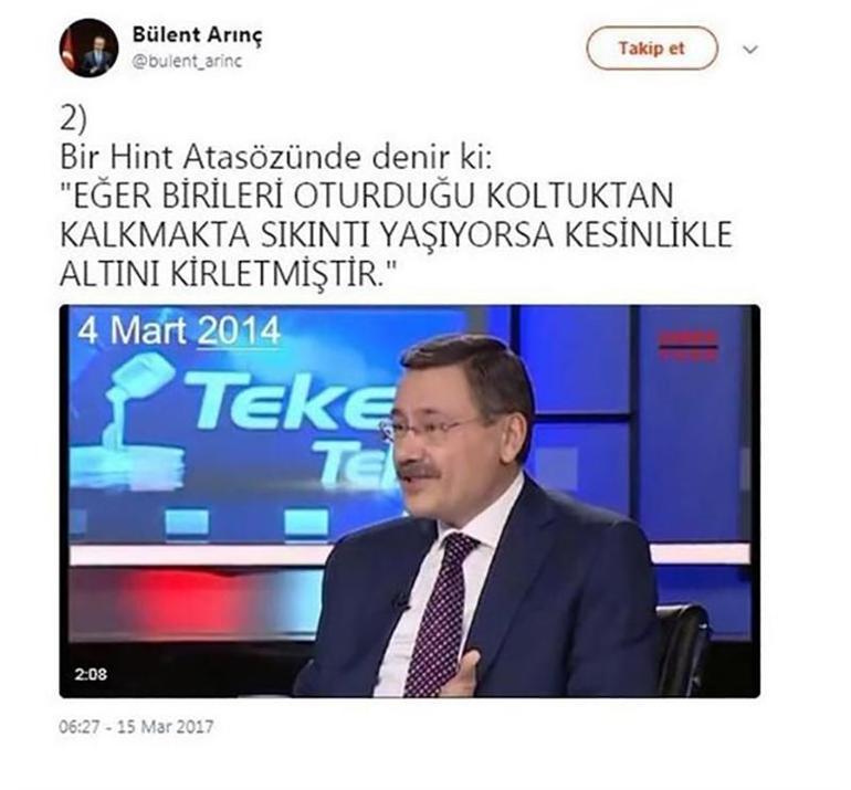 Bülent Arınç, Melih Gökçek tweetini istifanın ardından kaldırdı