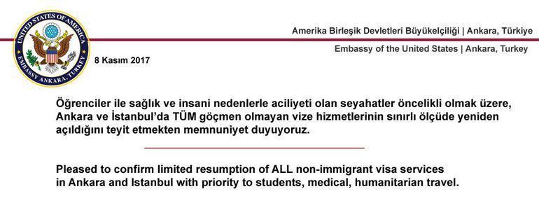 Son dakika: ABD Büyükelçiliğinden vize mesajı