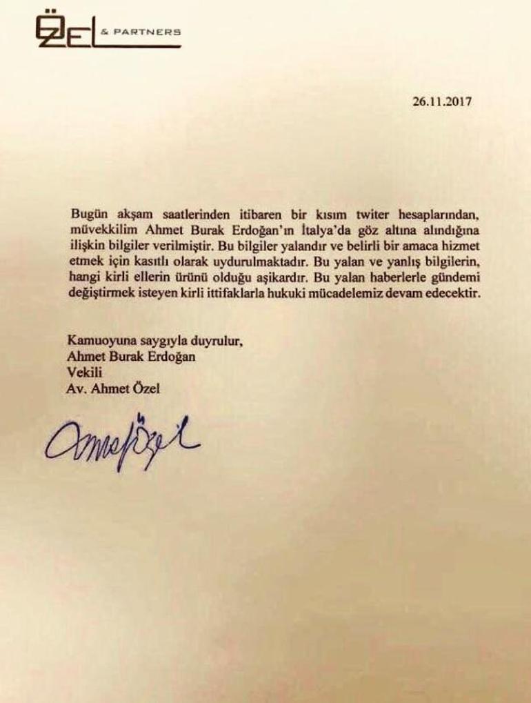 Son dakika.... Burak Erdoğanın İtalyada gözaltına alındığı iddialarına avukatından açıklama