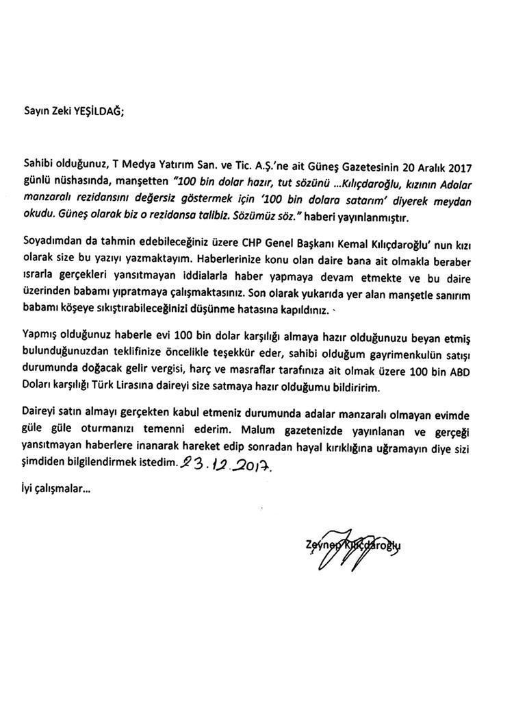 Zeynep Kılıçdaroğlu’ndan daire mektubu
