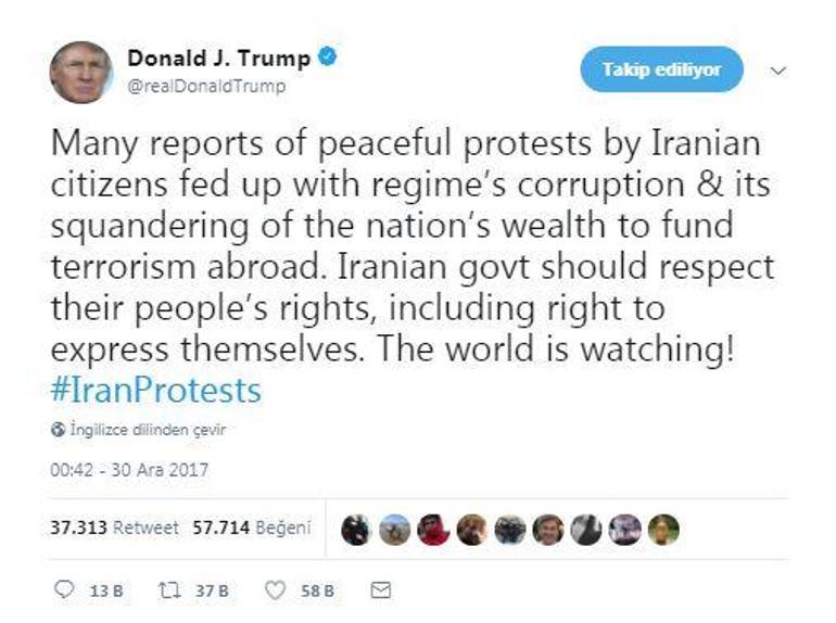 Trump’tan İran protestolarına destek tweeti