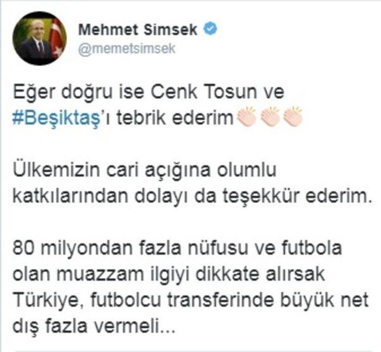 Bakan Şimşekten Cenk Tosuna teşekkür