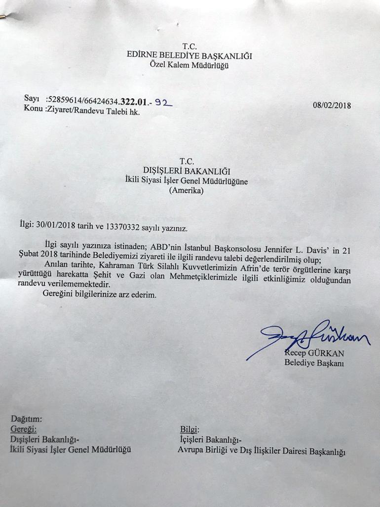 Edirne Belediye Başkanı ABD Başkonsolosunun randevu talebini reddetti