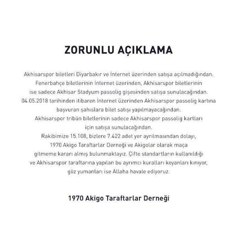 Akhisar taraftarları Fenerbahçe maçını boykot edecek