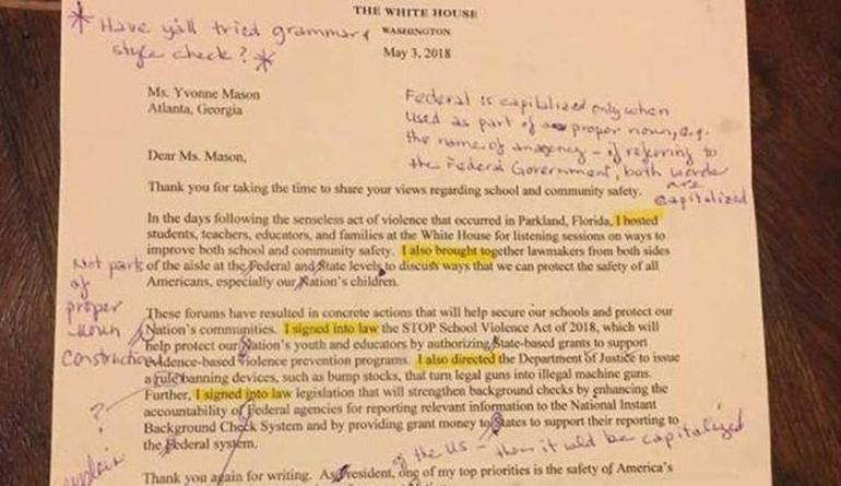 Öğretmen mektuptaki hataları düzeltip geri yolladı: Başkan Trump İngilizceden sınıfta kaldı