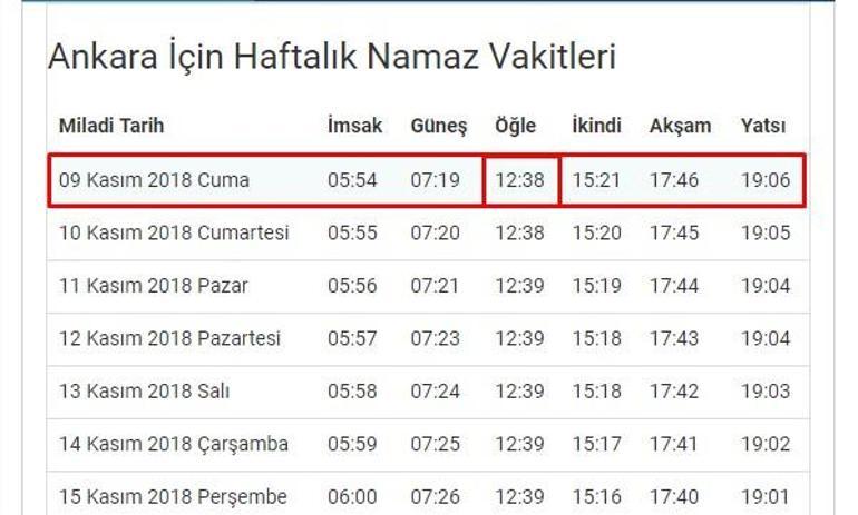 Ankara cuma namazı saat kaçta 9 Kasım 2018