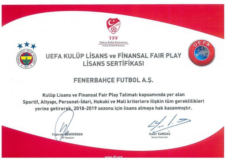 Son dakika Fenerbahçe UEFA Kulüp Lisans ve Finansal Fair Play Lisans Sertifikası’nı aldı