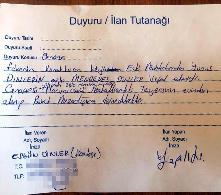Kendi ölüm ilanını okuttu